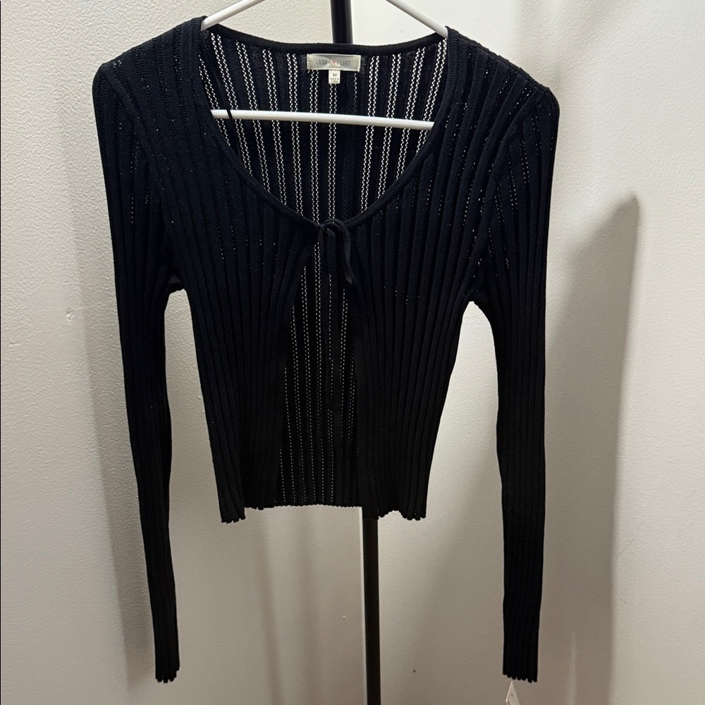L'AGENCE Black Ribbed Tie-Front Sparkle Knit Top